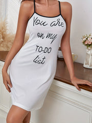 Letter Print Nightdress Crew Neck Backless Spaghetti Strap Sleep Dress