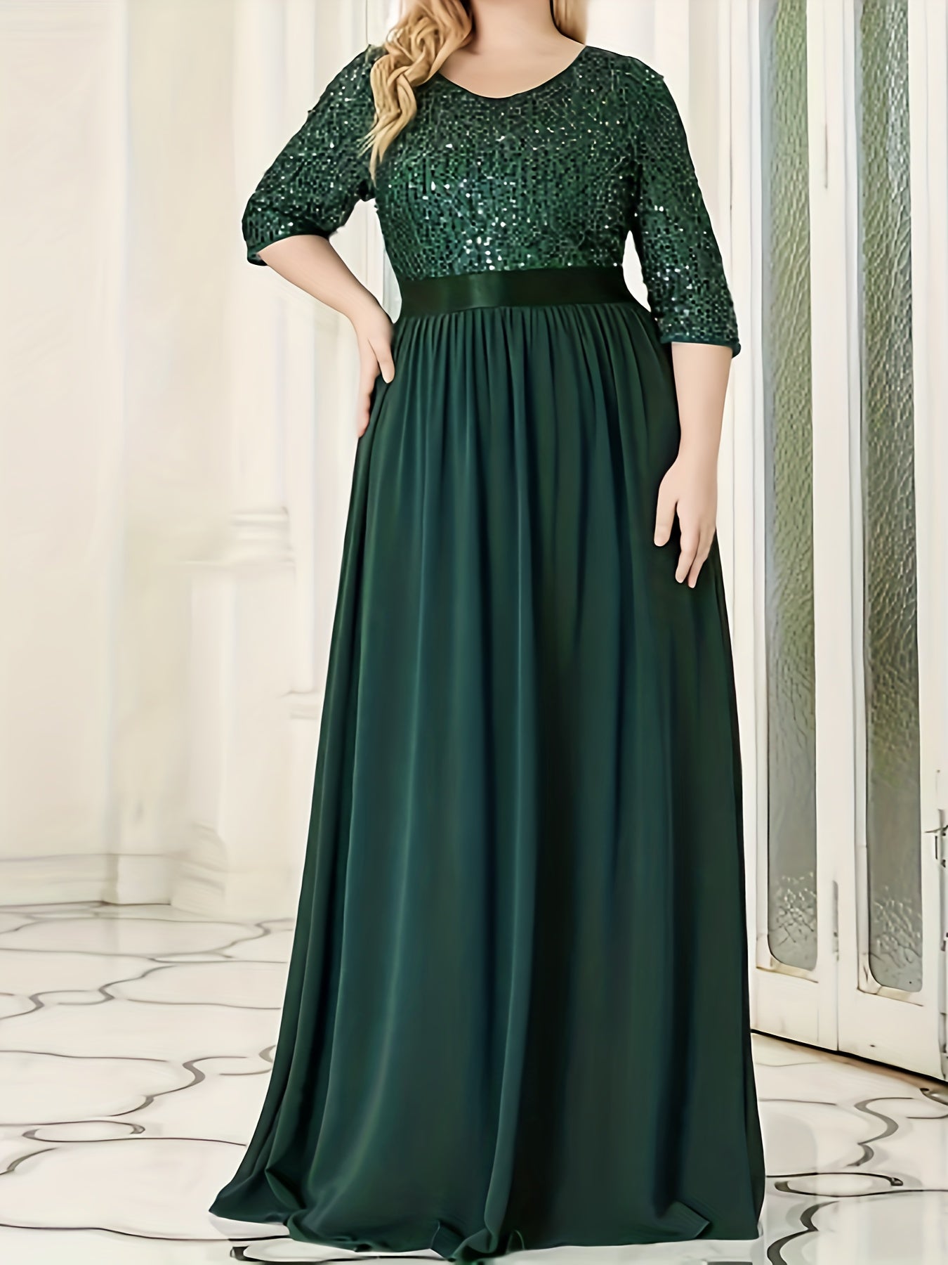Colorblock Sequin Half Sleeve V Neck Maxi Wedding Dress