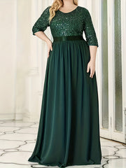 Colorblock Sequin Half Sleeve V Neck Maxi Wedding Dress