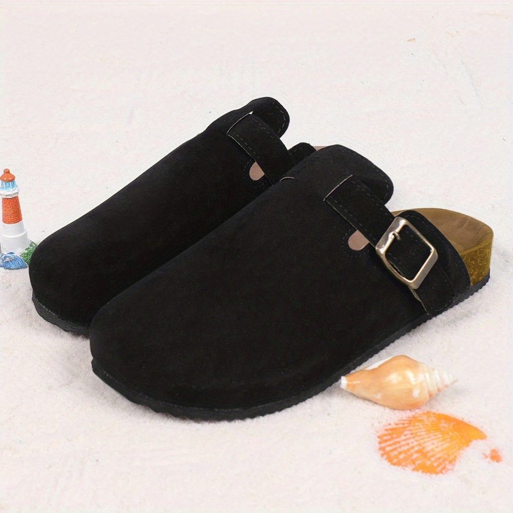 Casual Buckle Strap Mules - Women's Suede Clogs