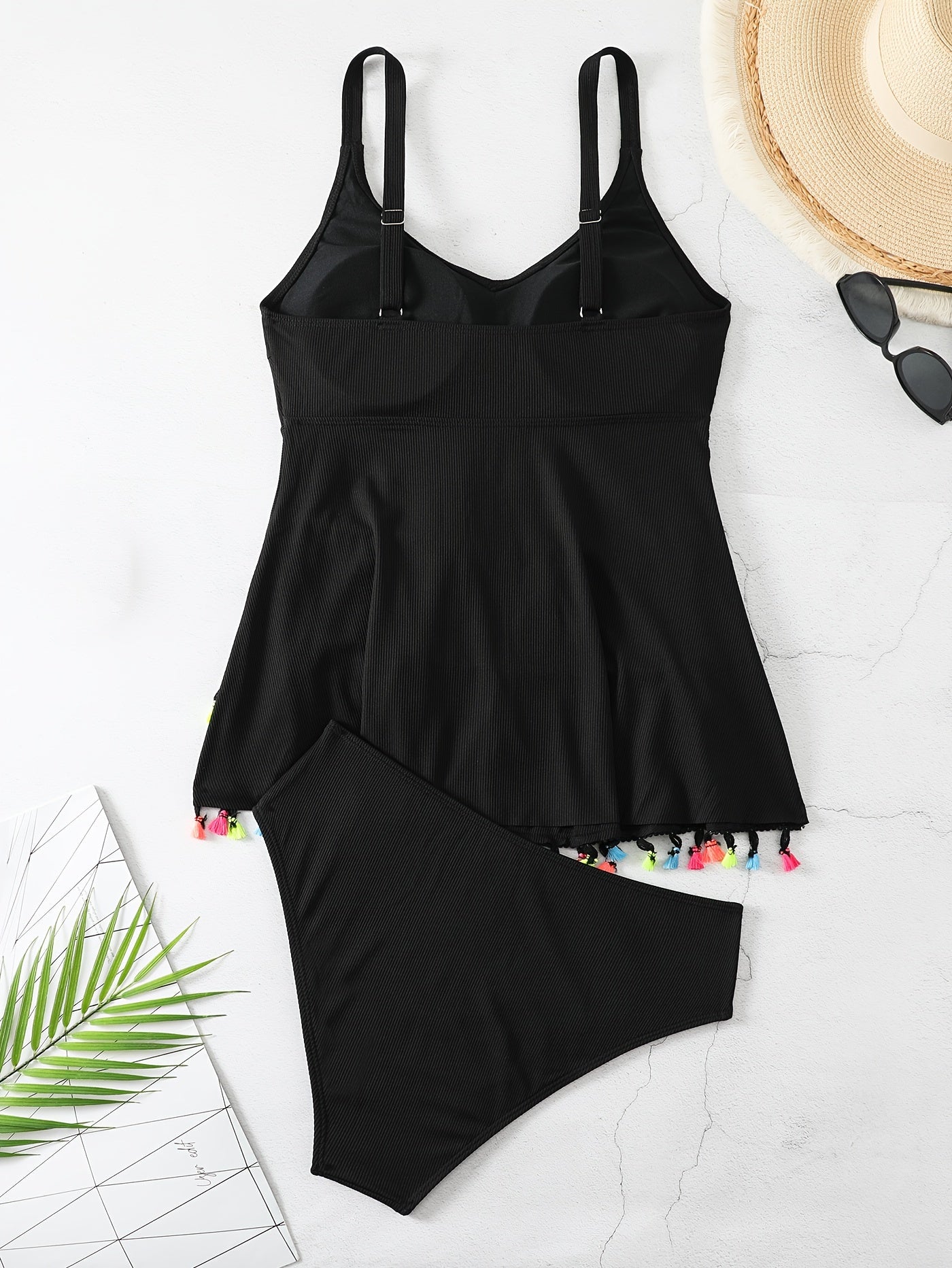 Modest Tankini Set Ribbed Knit V Neck Cami Top & Panty Swimsuit