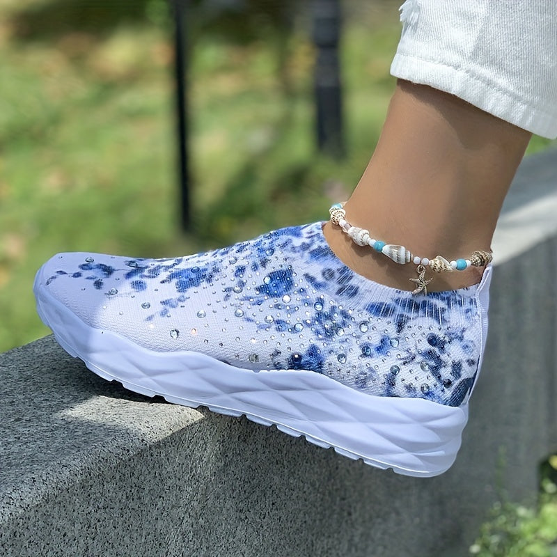 Floral Print Sock Sneakers Rhinestone Slip On Low Top Shoes