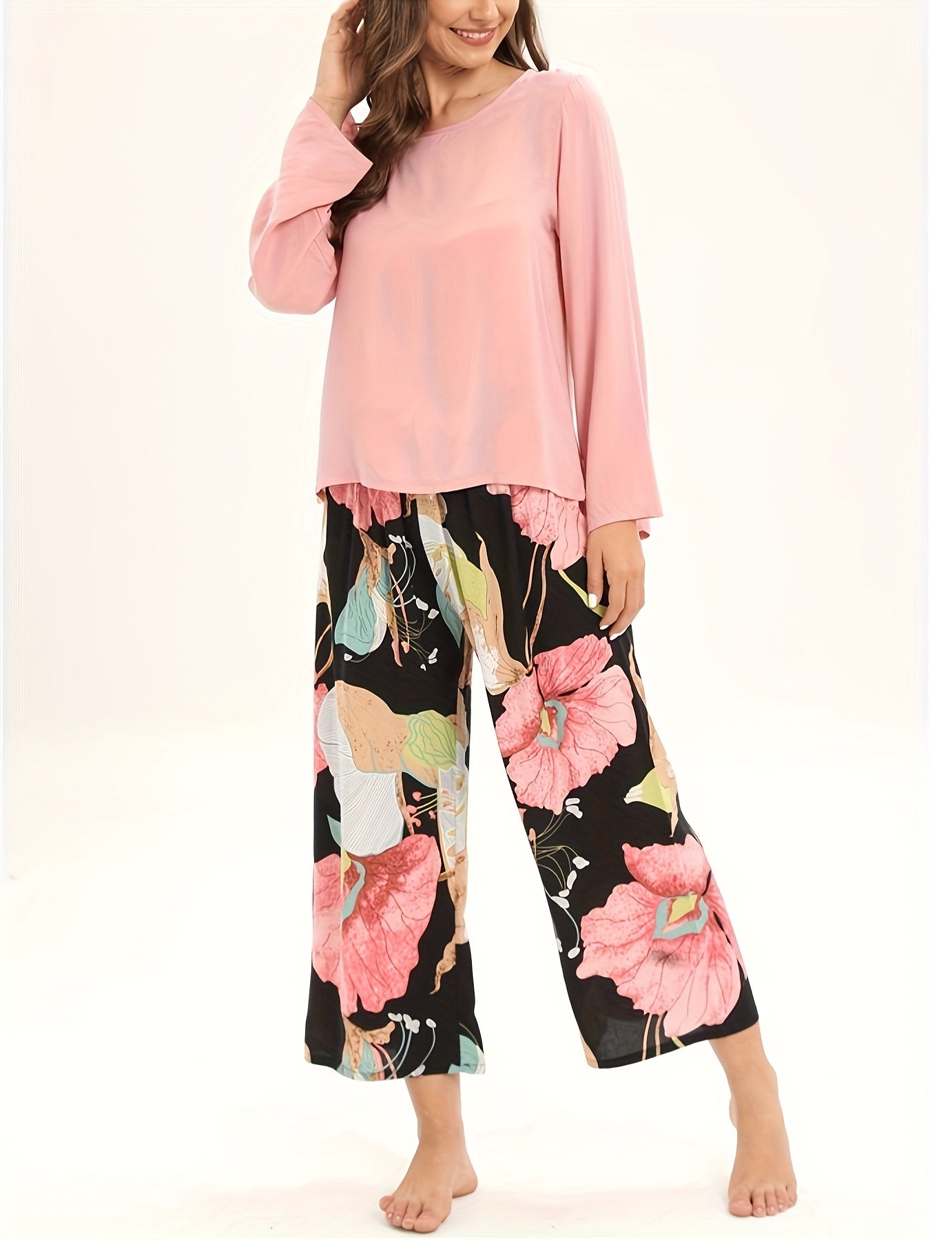 Floral Print Pajama Set Long Sleeve Top & Elastic Waistband Pants
