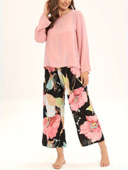 Floral Print Pajama Set Long Sleeve Top & Elastic Waistband Pants