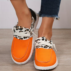 Leopard Printed Canvas Lace Up Flat Shoes Casual Walking Sneakers