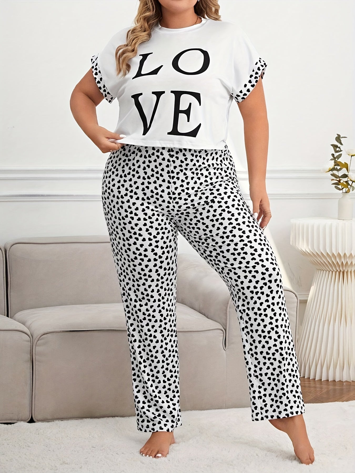 Loungewear Set: Graphic Tee & Heart Print Pants Pajama