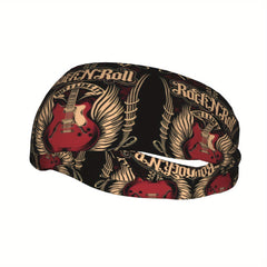 Retro Rock 'n' Roll Graphic Sports Headband Red Vintage Guitar Wings