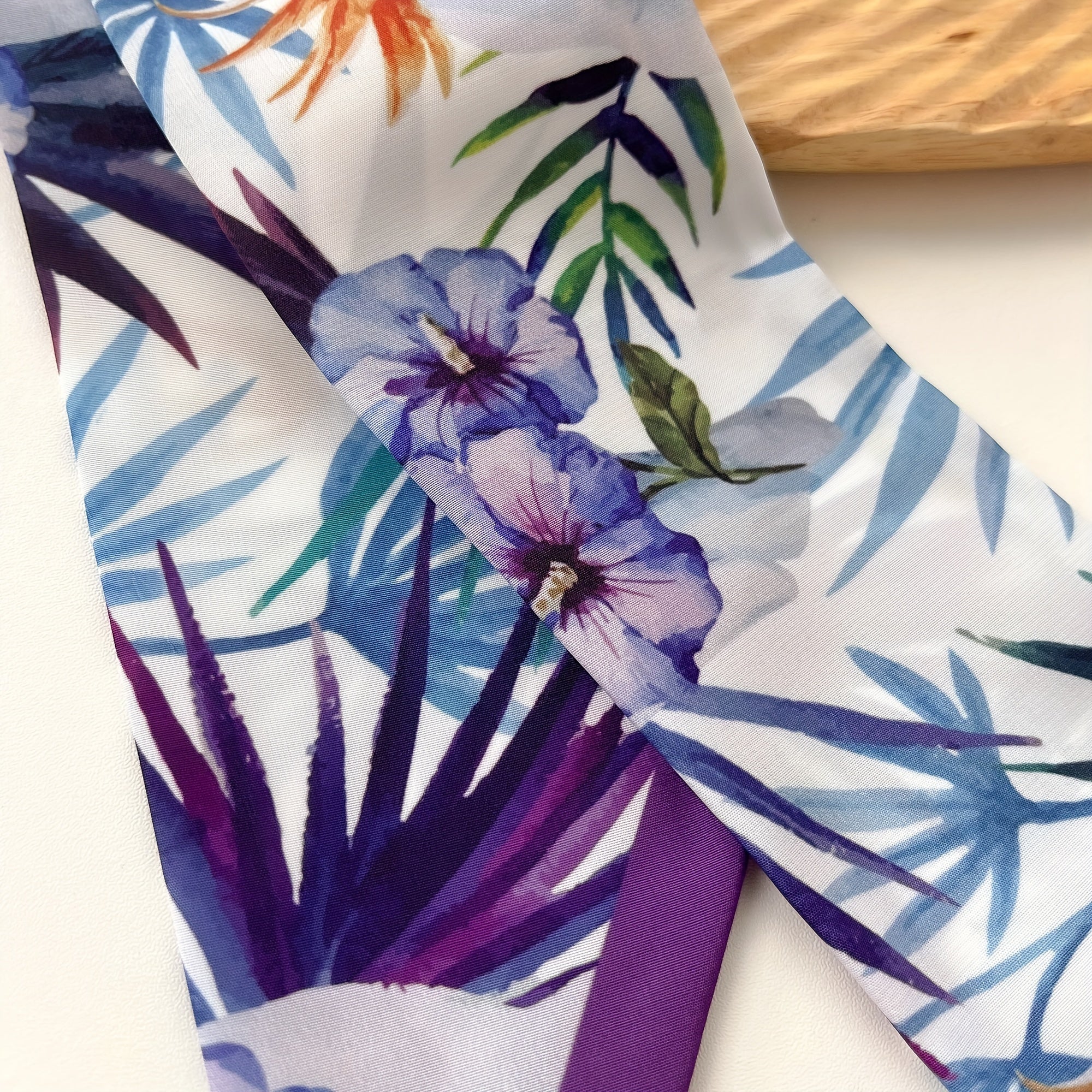 Purple Leaf Print Neckerchief Classic Hair Ribbon Twilly Scarf