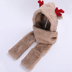 Christmas Rabbit Fur Antlers Winter Cartoon Hat Scarf Gloves Set