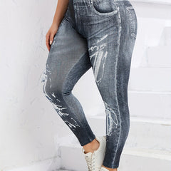Denim Print Slim Pants Casual High Waist Long Length