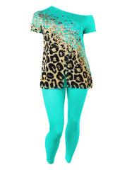 Leopard Print One Shoulder Top & Leggings Set