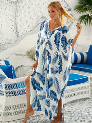 Leaf Print Cover Up Dress V Neck Bat Sleeve Vacation Wear