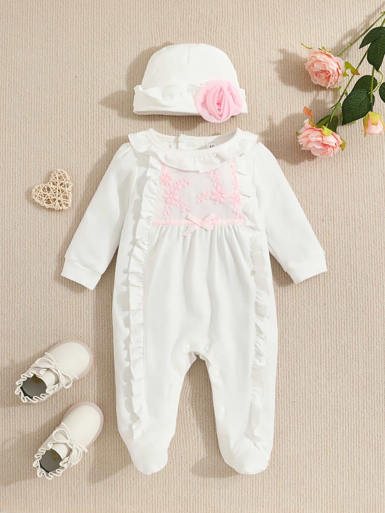 Baby Girls Cotton Footies Footed Jumpsuit Hat Ruffle Long Sleeve Romper