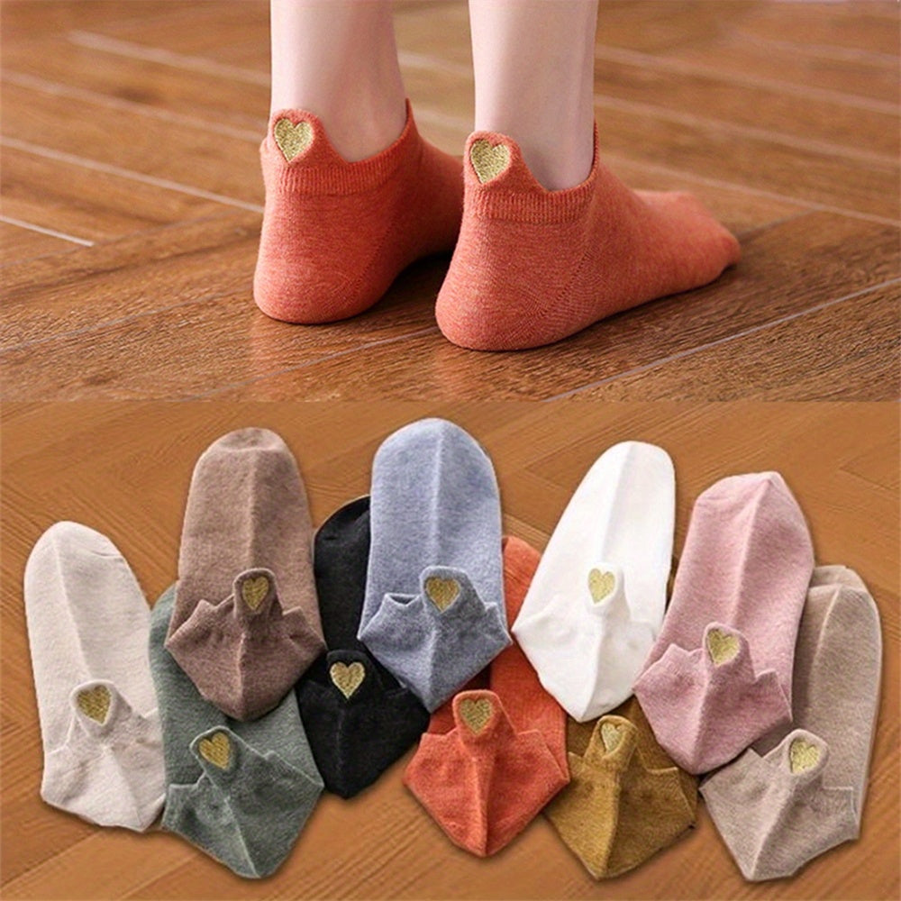 10 Pairs Women's Heart Embroidered Ankle Socks