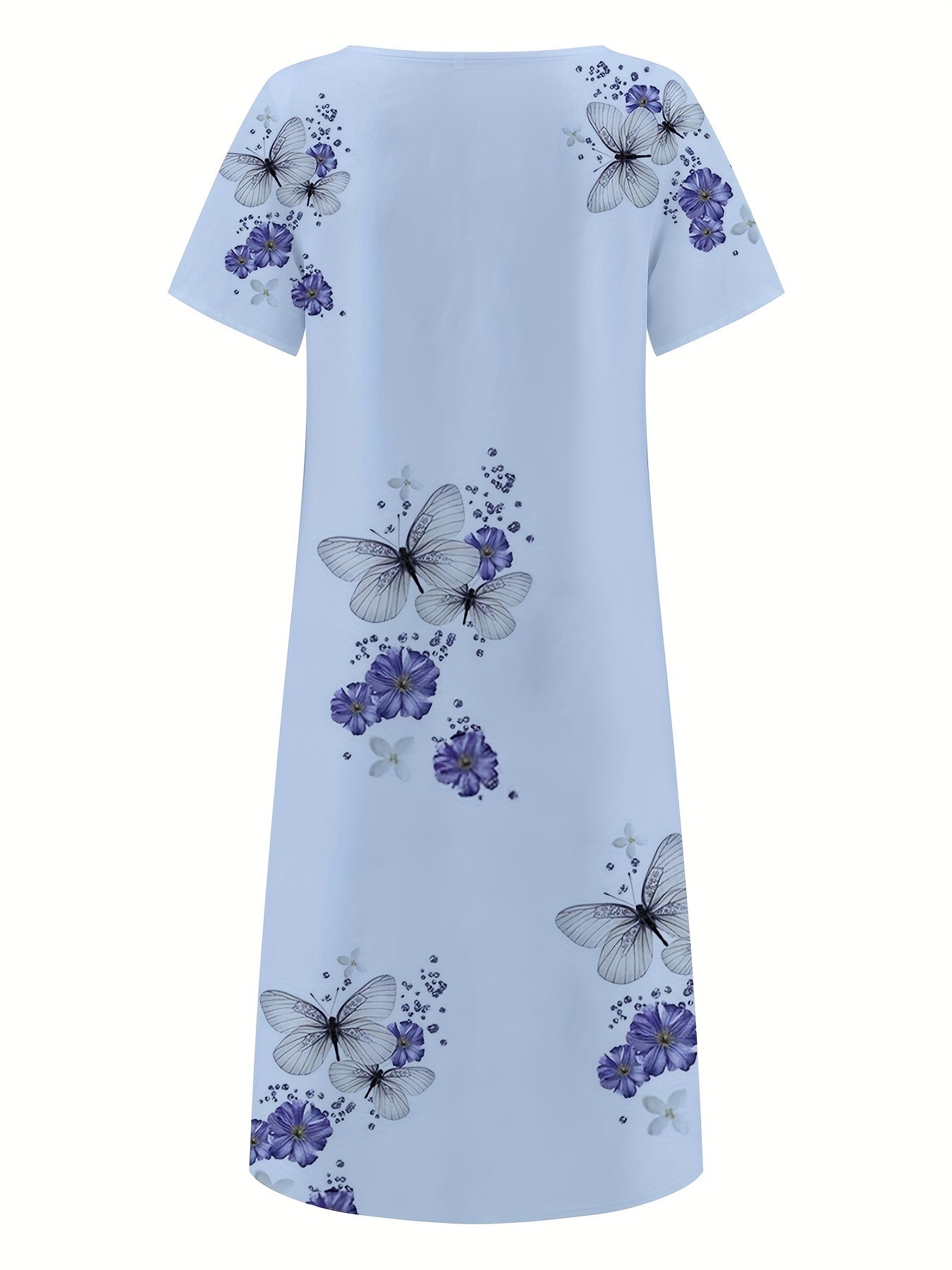 Floral & Butterfly Print V Neck Dress Button Front Short Sleeve Dress