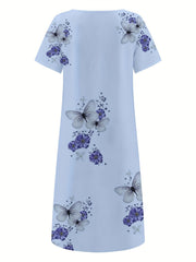 Floral & Butterfly Print V Neck Dress Button Front Short Sleeve Dress
