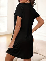Heart Print NightDress Short Sleeve Crew Neck Pajama Dress Women's
