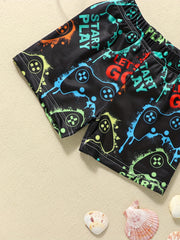 Boys Gamepad Print Swim Trunks & Cap Set for Beach Vacation