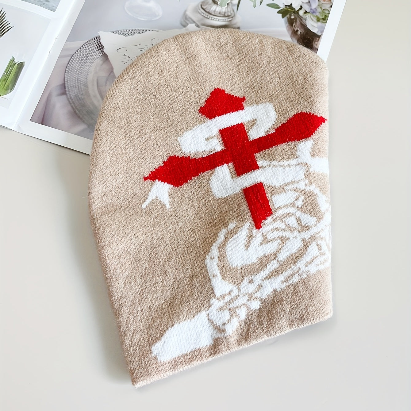 Skull Snake Cross Jacquard Beanie Soft Elastic Knit Hat Khaki