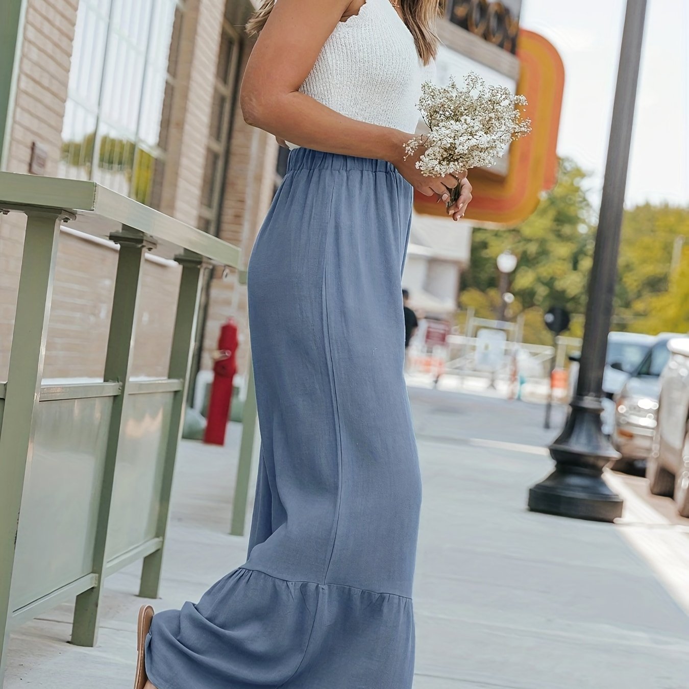 Solid Ruffle Trim High Rise Wide Leg Pants