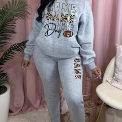 Women's Plus Rugby & Leopard Hoodie & Sweatpants Outfits Set