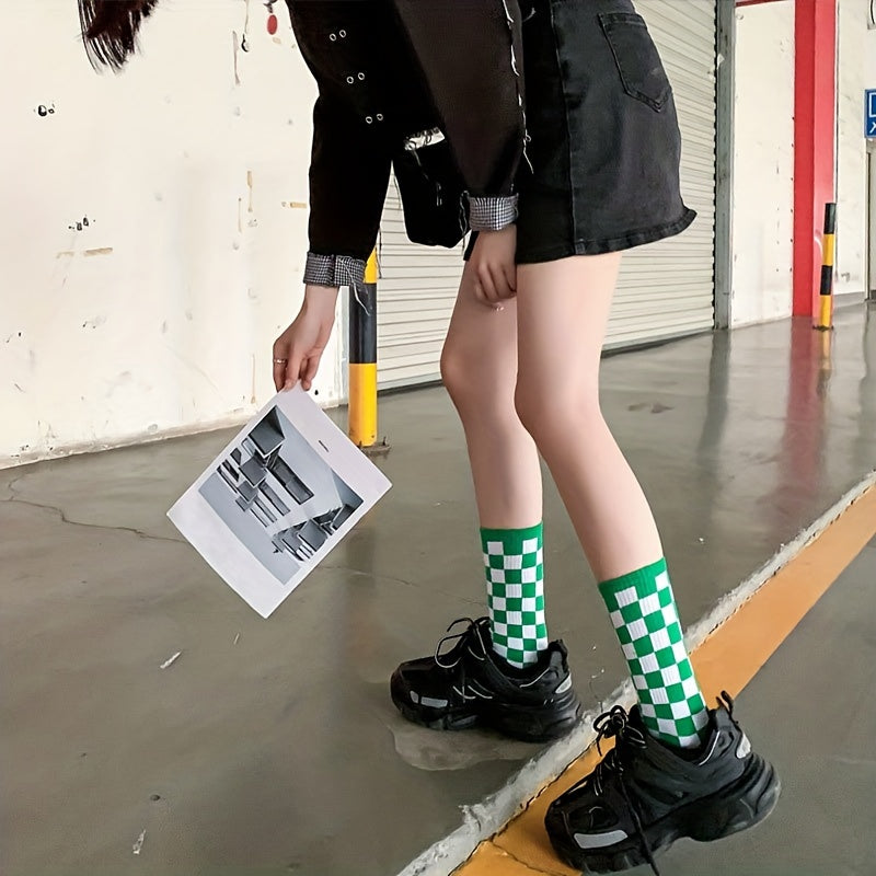 3 Pairs Checkerboard Crew Socks Casual Comfy Mid Tube Socks Women's Stockings