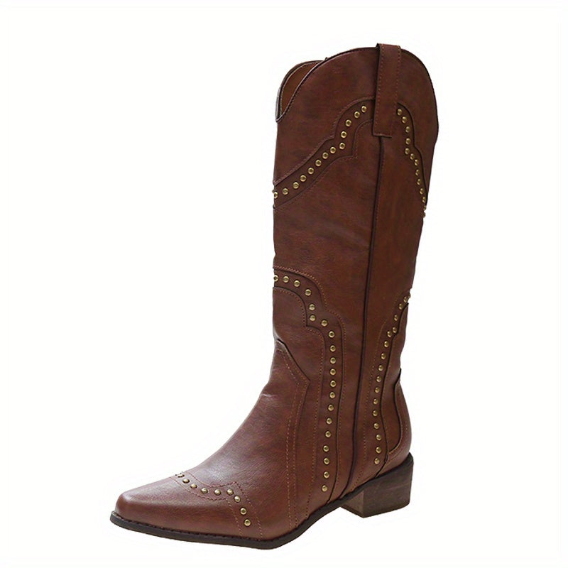 Rivet Decor Western Boots Slip On Point Toe Block Heel Shoes
