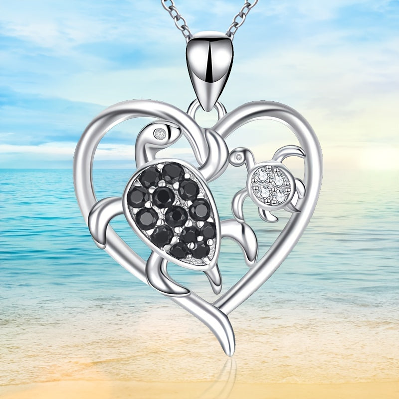 Mother Child Turtle Rhinestone Heart Pendant Necklace