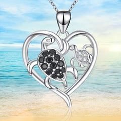 Mother Child Turtle Rhinestone Heart Pendant Necklace