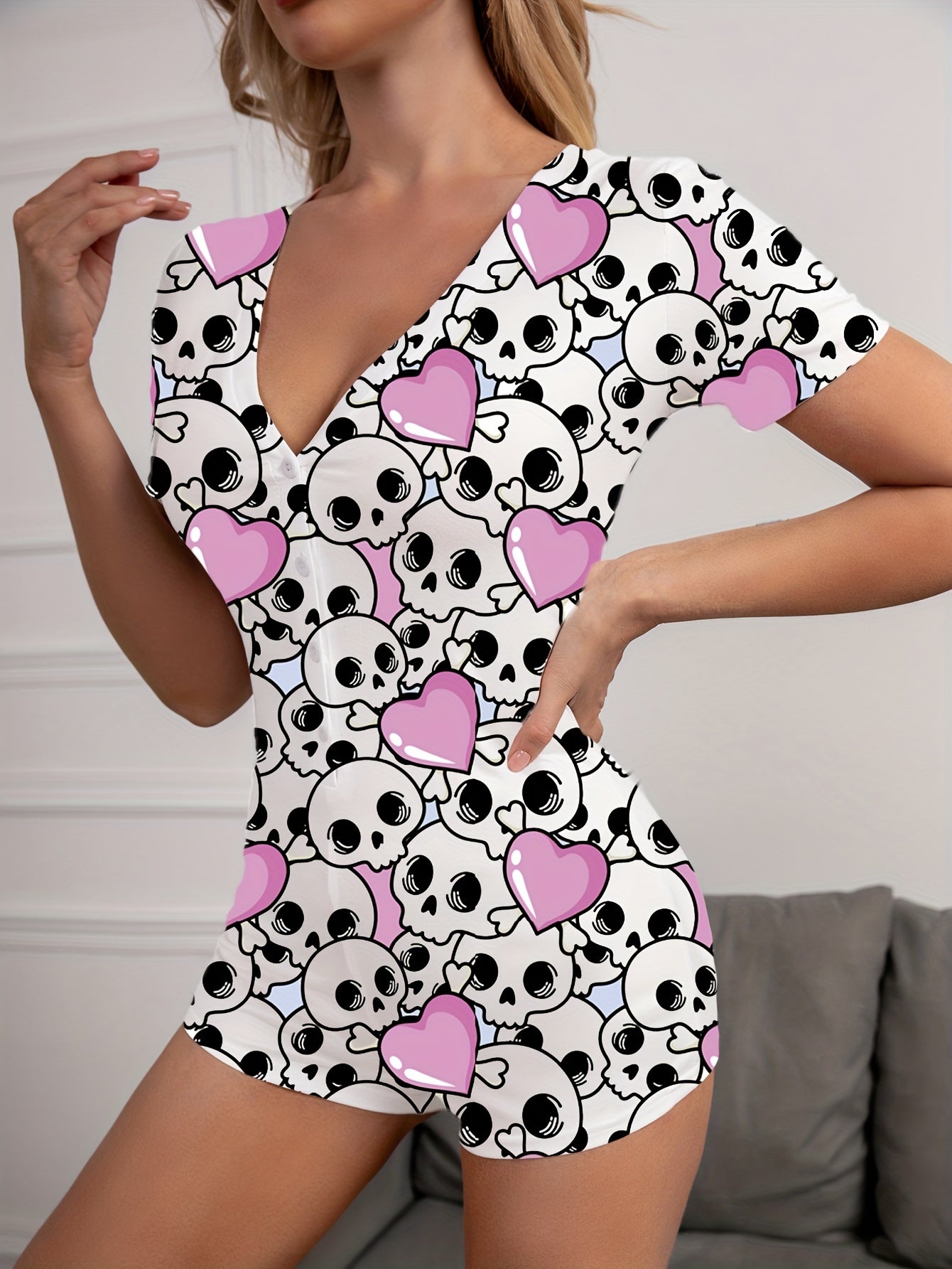 Skull Print Pajama Romper Short Sleeve V Neck Buttons Pajamas