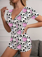 Skull Print Pajama Romper Short Sleeve V Neck Buttons Pajamas