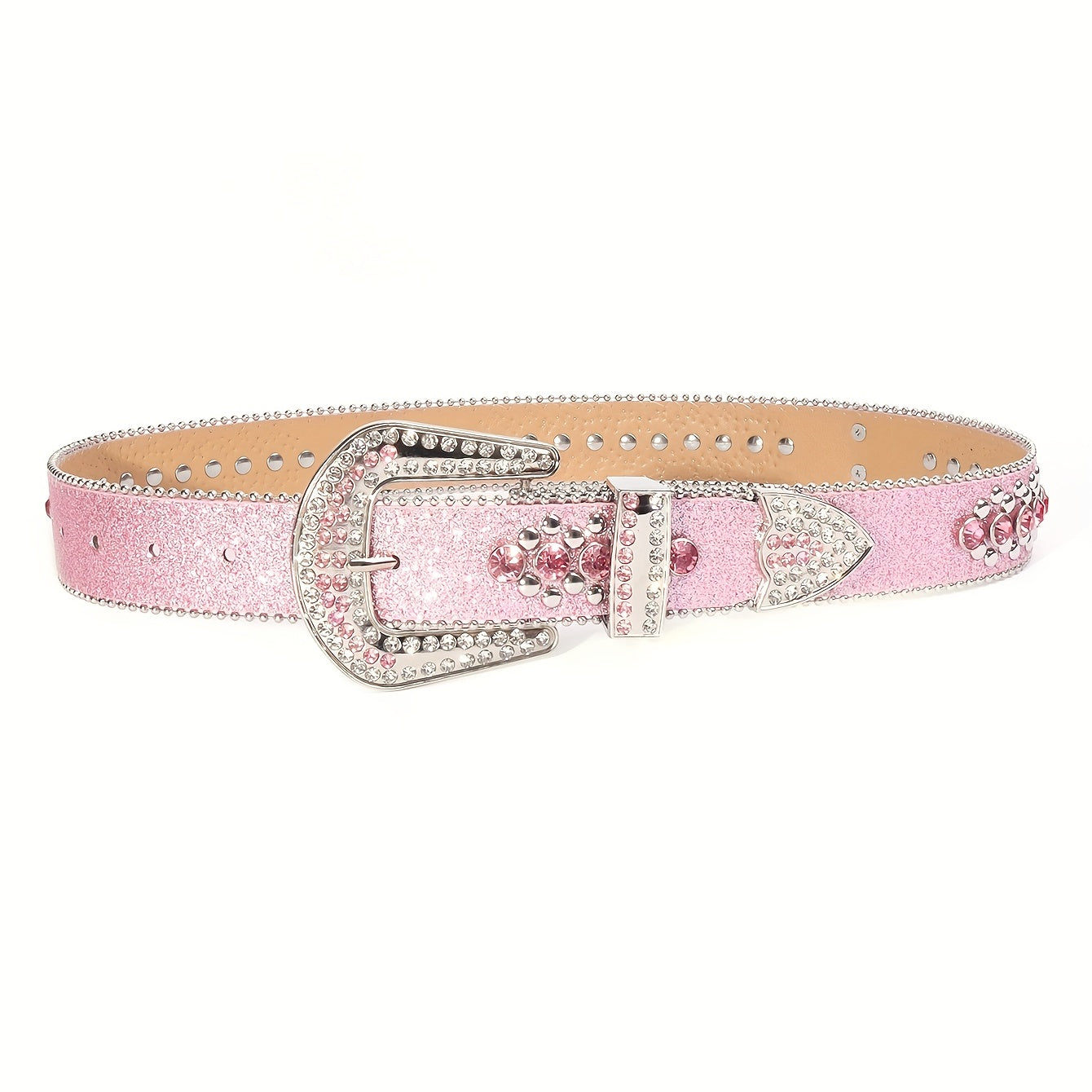 Pink Glitter Skull Belt Punk Rhinestone Decor Rivet Belt