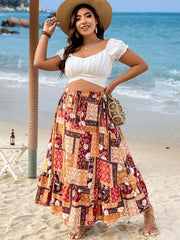 Patchwork Print Maxi Skirt with Ruffle Trim