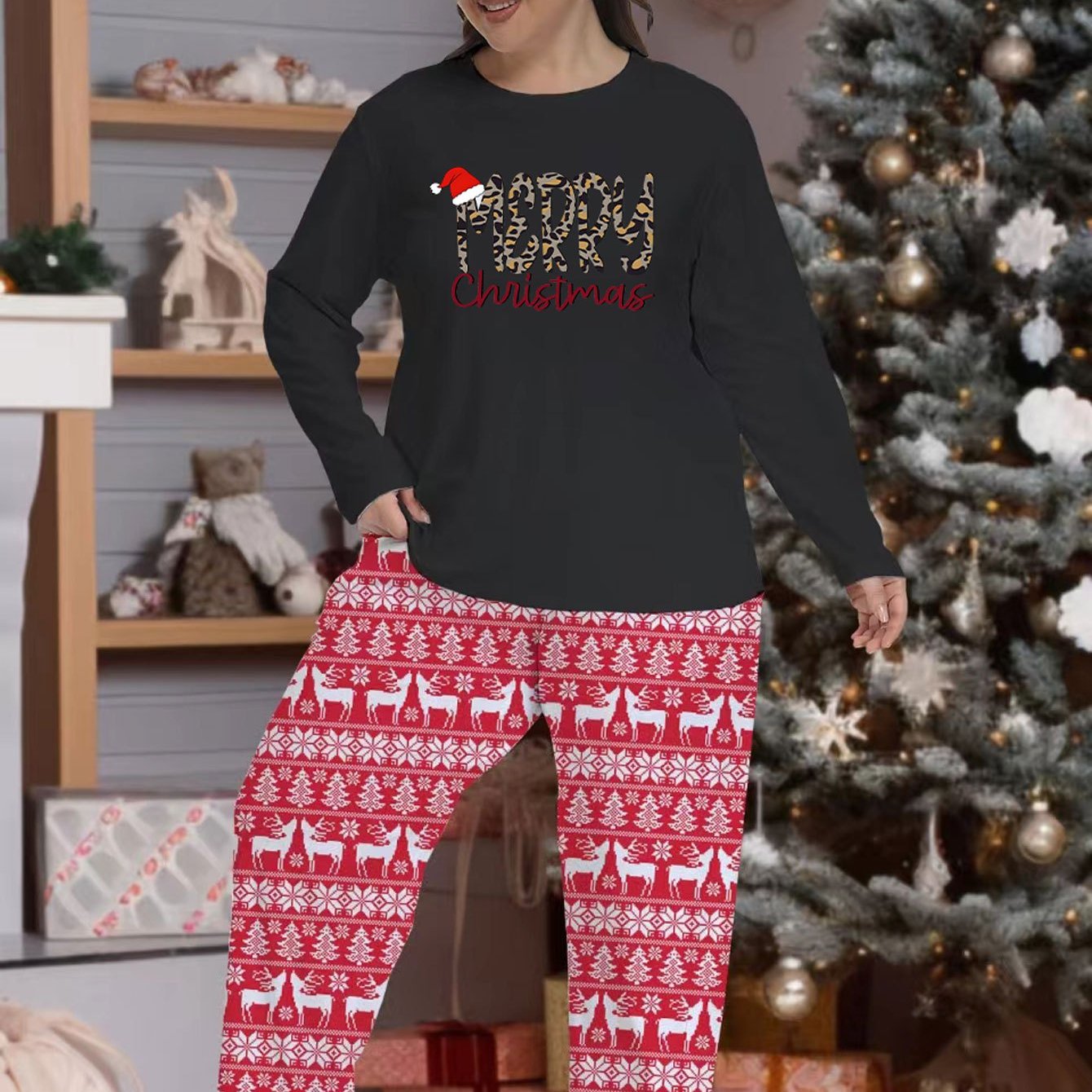 Christmas Pajama Set Women's Plus Santa Hat & Slogan Top