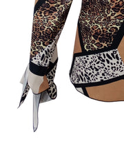 Women's Leopard Print Tie Long Sleeve V Neck Top