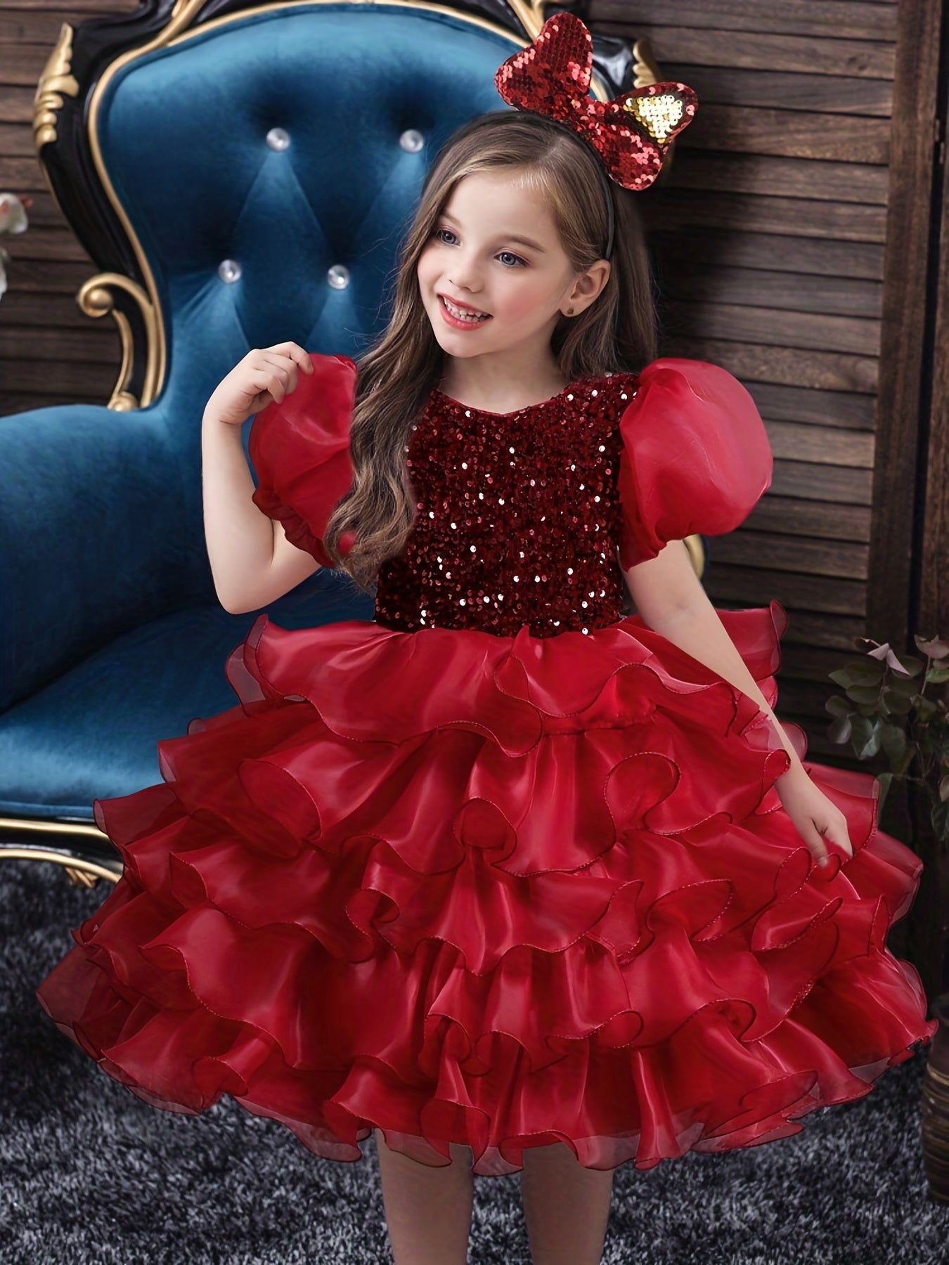 Sequined Party Ball Dress Swirl Tiered Princess Dress