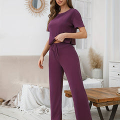 Solid Lounge Set Short Sleeve Crew Neck Top & Elastic Waistband Pants