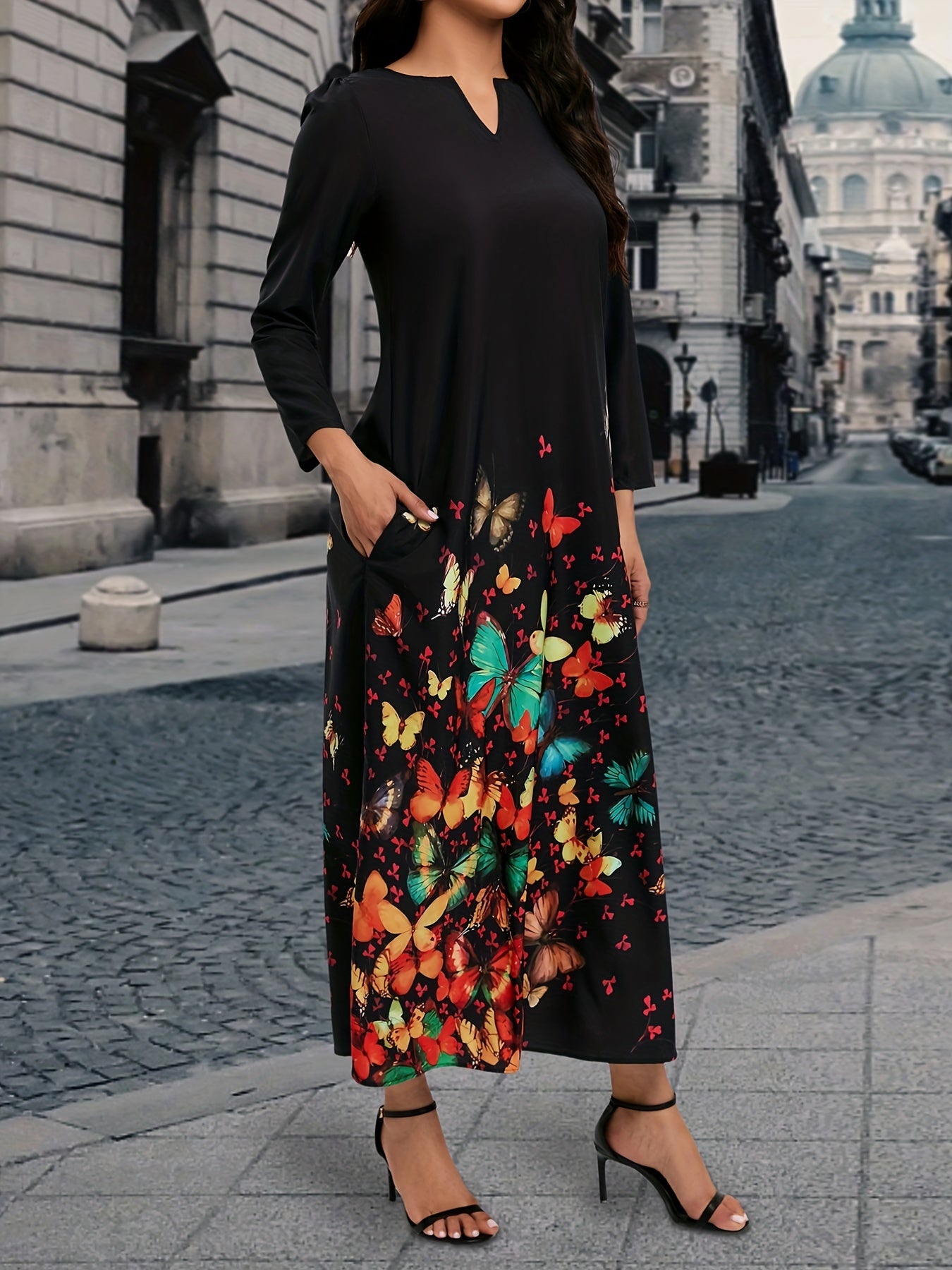 Butterfly Print Maxi Dress Casual Long Sleeve Dress Women's Clothing