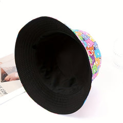 Cartoon Bear Print Bucket Hat Block Pink Basin Hat Lightweight Sun Shade Fisherm