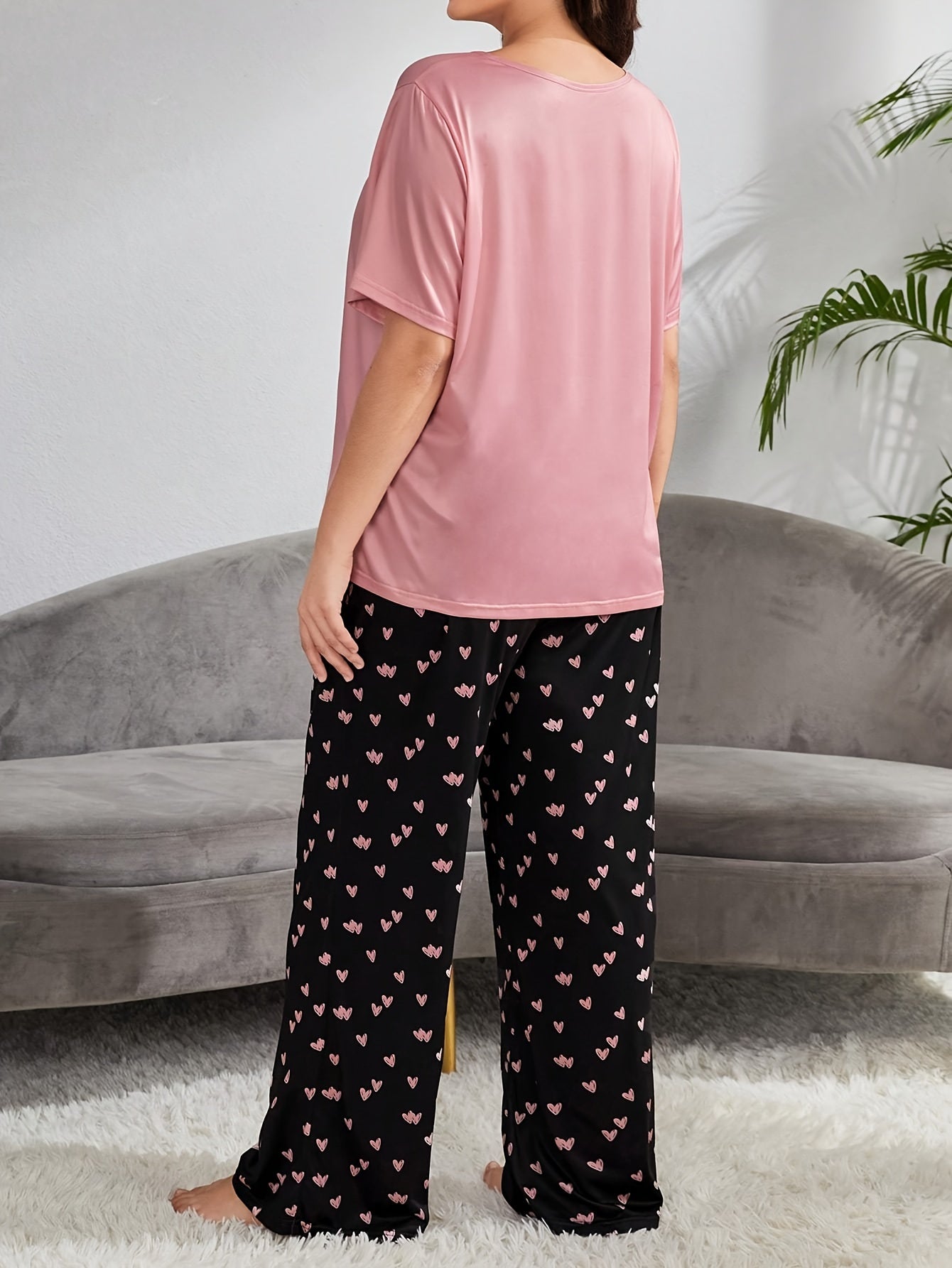 Heart & Slogan Print Pajamas Set Women's Tee & Pants Lounge 2 Piece