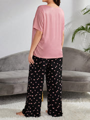 Heart & Slogan Print Pajamas Set Women's Tee & Pants Lounge 2 Piece