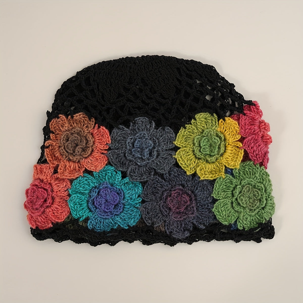 Vintage Crochet Flower Beanie Knit Hat for Women