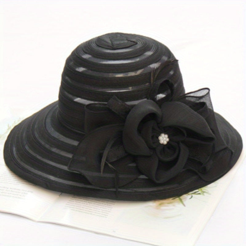 Striped Sun Hat Lace Flower Decor Organza Travel Beach Hats