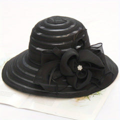 Striped Sun Hat Lace Flower Decor Organza Travel Beach Hats