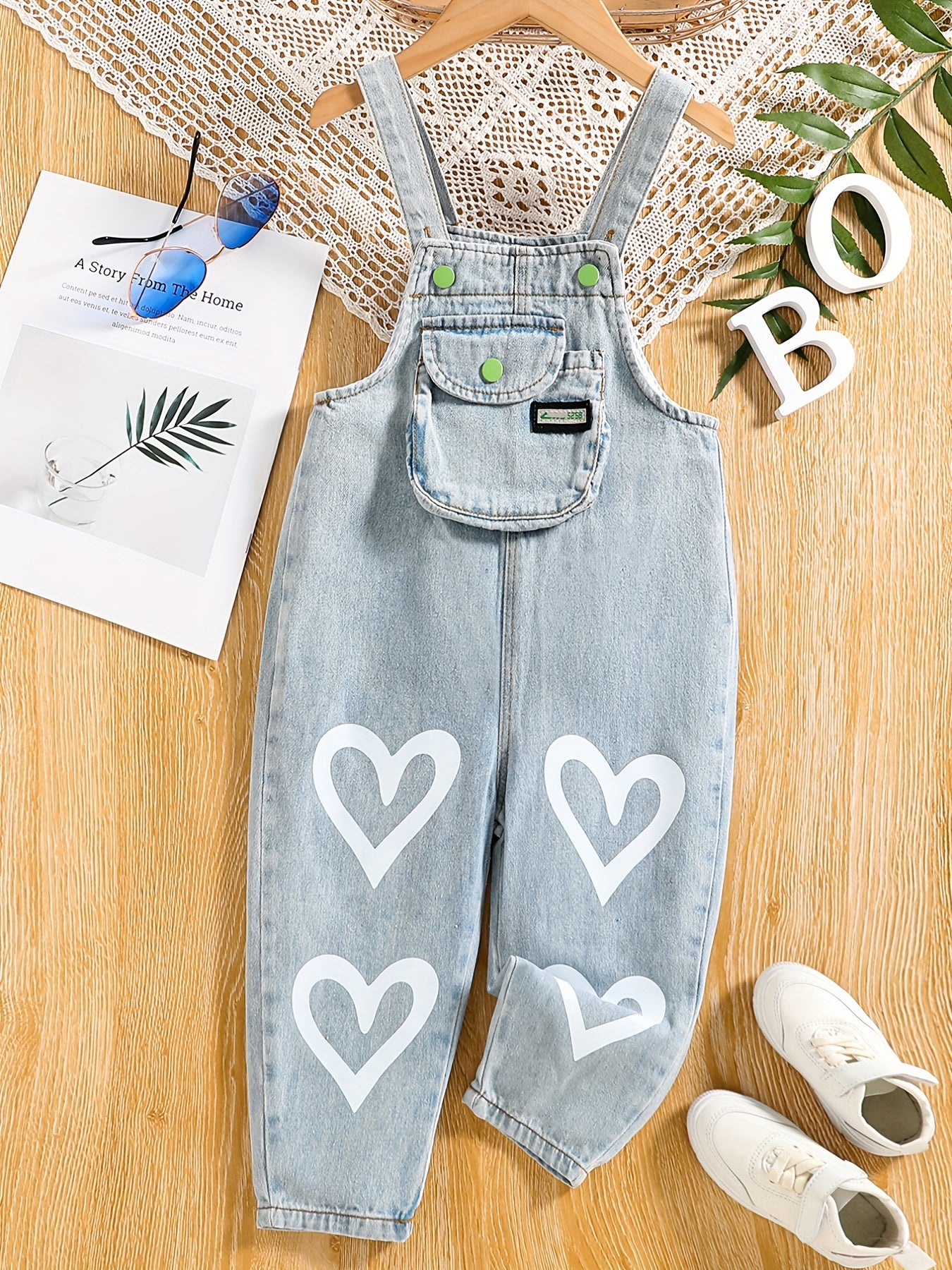 Girl's Heart Print Denim Overalls Jumpsuit Long Pants