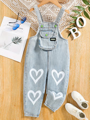Girl's Heart Print Denim Overalls Jumpsuit Long Pants