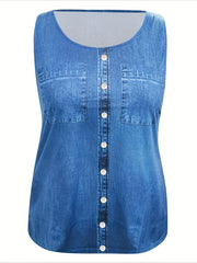Denim Print Tank Top, Sleeveless Casual Summer Women's Clothing