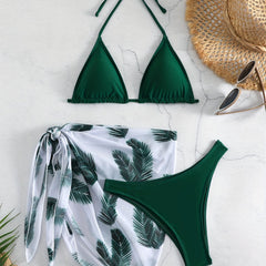 Feather Print Bikini Set Halter Neck Tie Back High Cut Cover Up Wrap Swimsuit