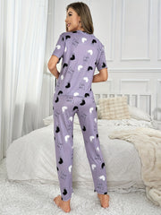 Heart Print Pajama Set Short Sleeve Crew Neck Top & Elastic Waistband Pants