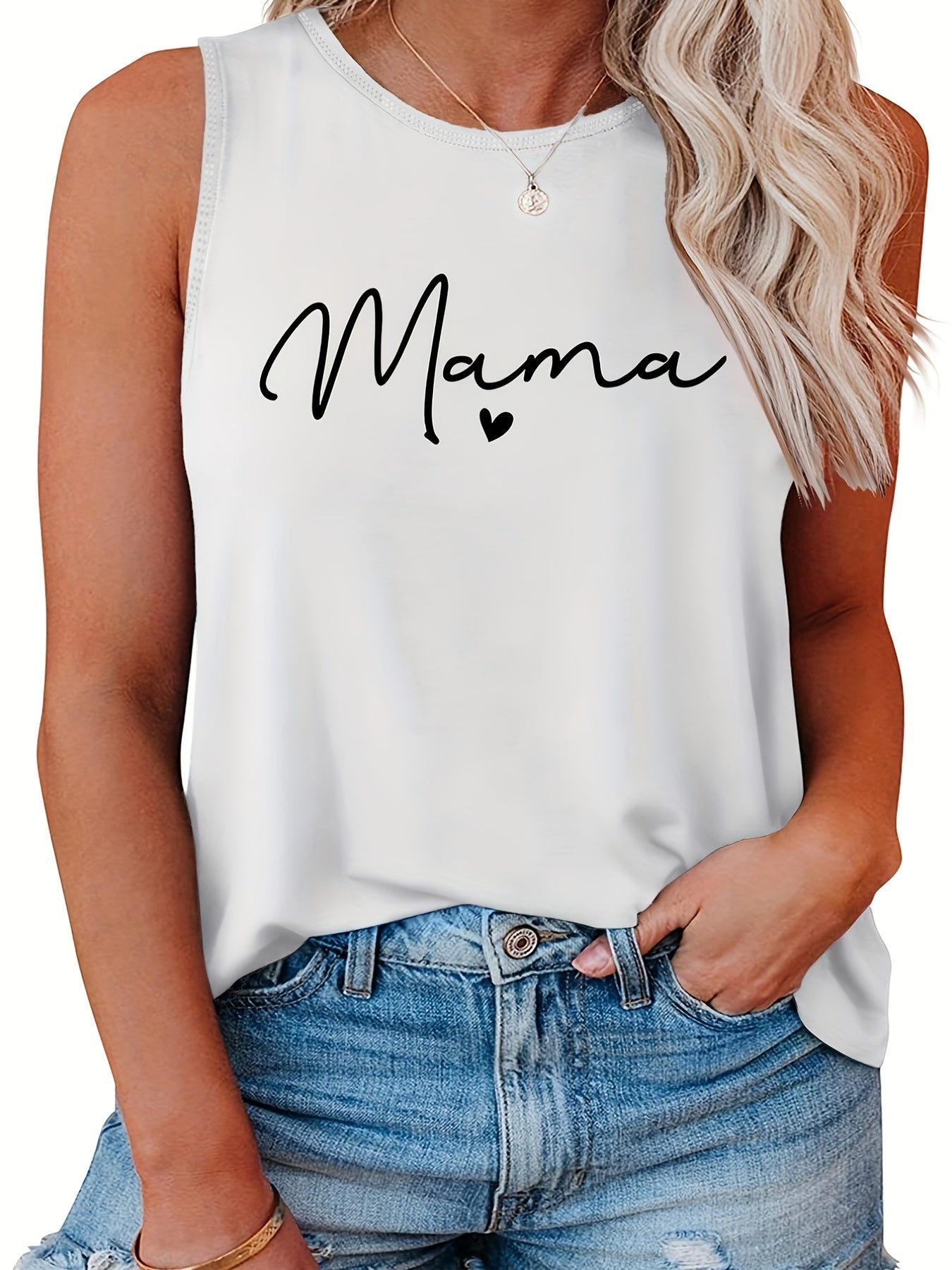 Mother's Casual Tank Top Women's Plus Letter Print Round Neck Tank Top